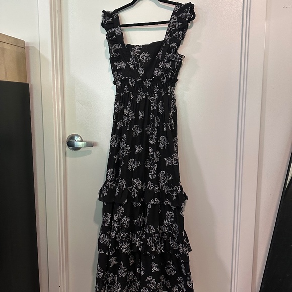 Especia Embroidered Floral Maxi Dress Ruffles Trim Anthropologie Navy - Picture 8 of 10